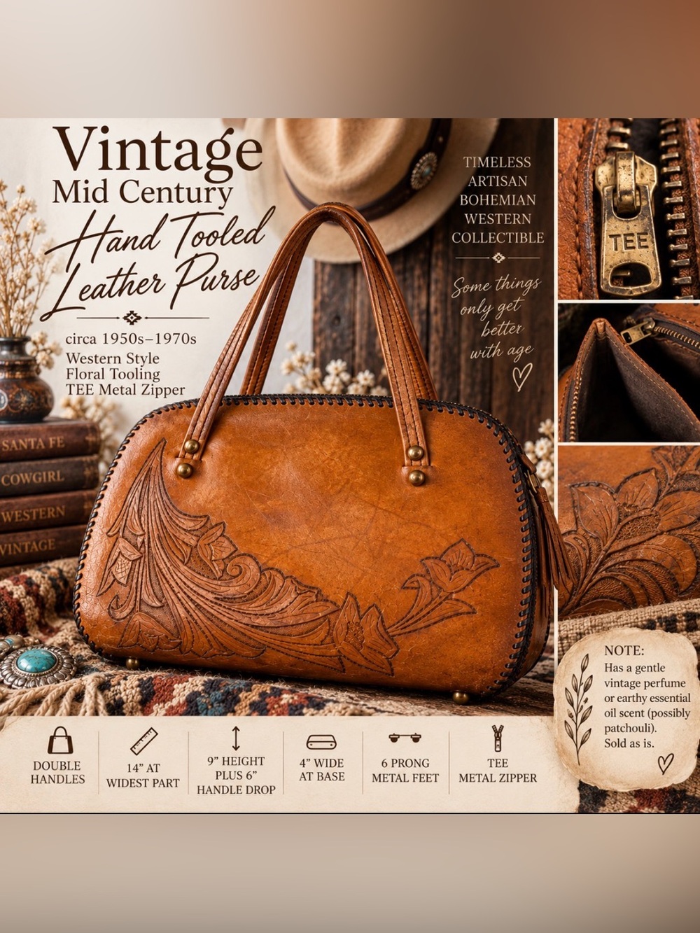 Hand-Tooled - Mid century -Vintage -Leather Purse -cognac color a metal zippers
